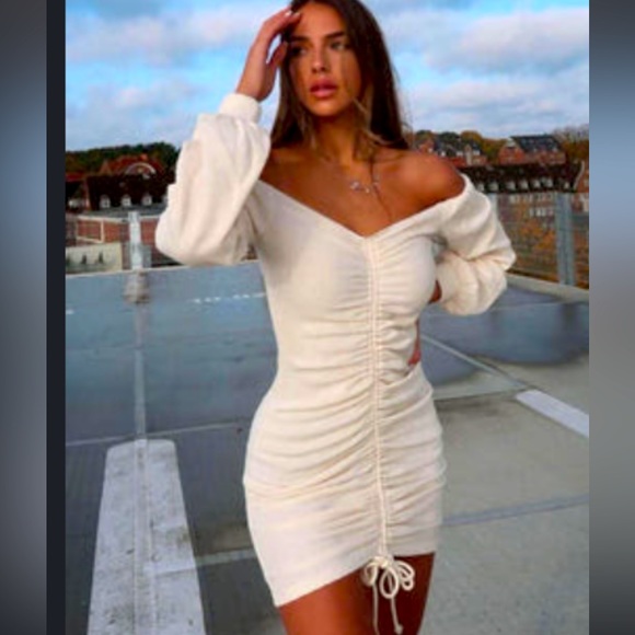 Fashion Nova Dresses & Skirts - Fashion Nova Baby I’m in love Ruched Dress in cream , size large